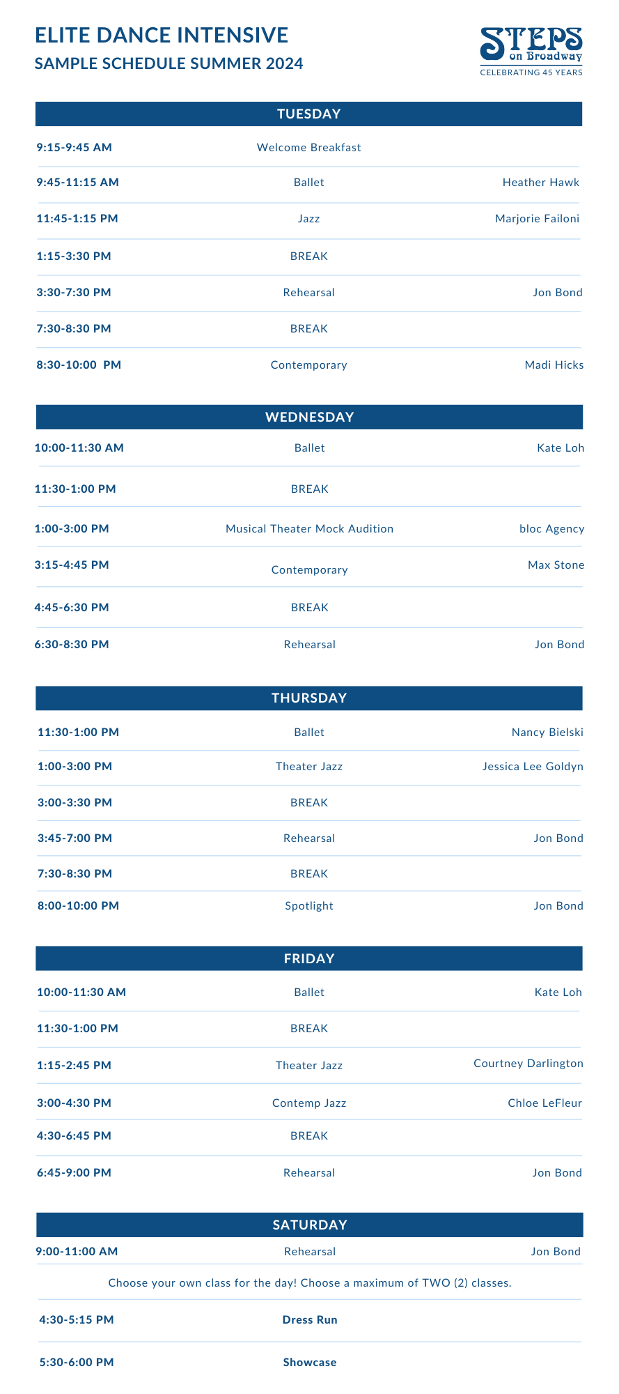 Elite Dance Intensive sample schedule - pdf available for download