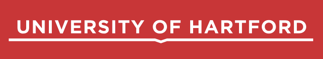 University of Hartford logo, white text on a red background