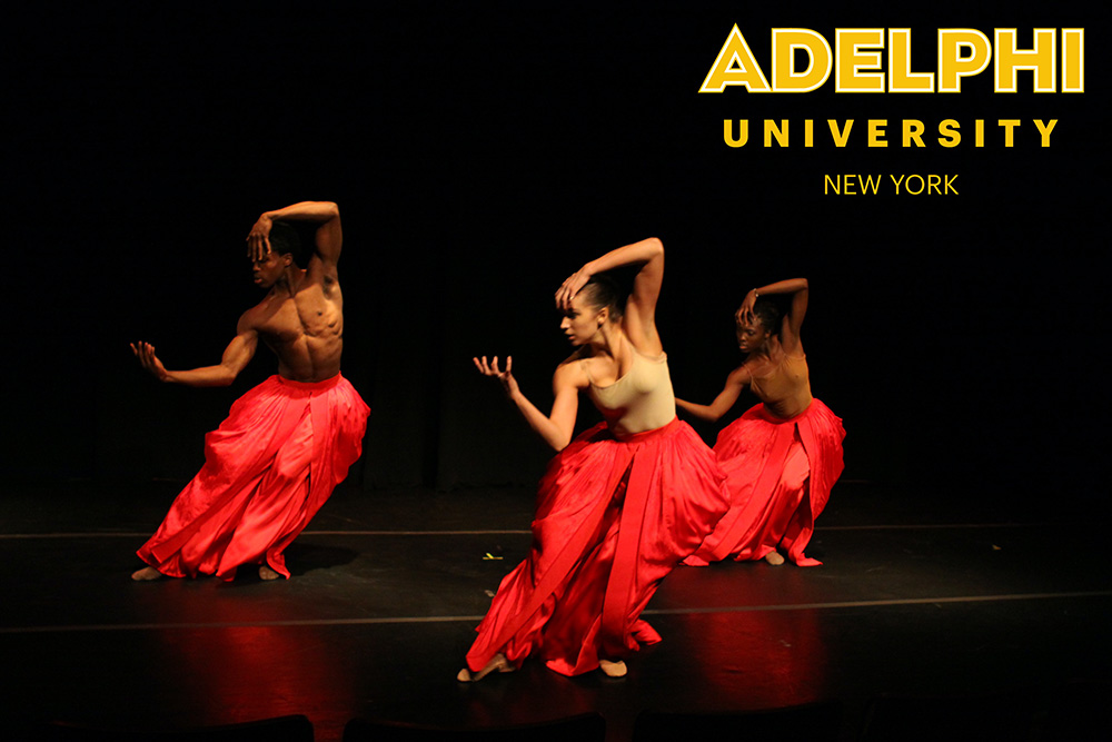 Adelphi University Dancers in flowing red skirts on a dark stage, the Adelphi University logo is in gold in the upper right