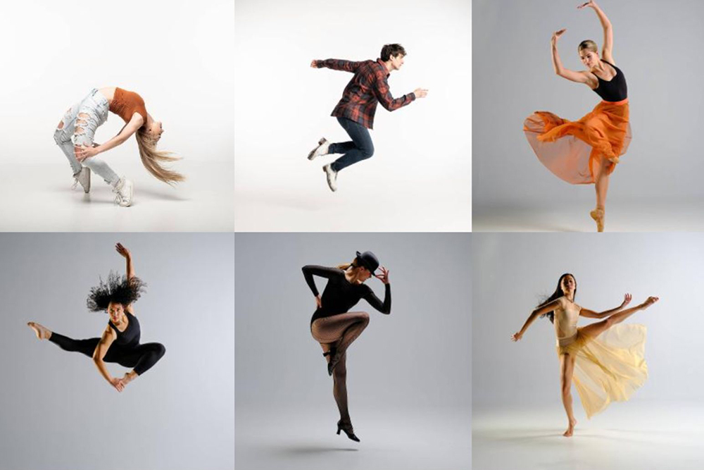 grid of 6 images of Hope College dance students in a photo studio setting