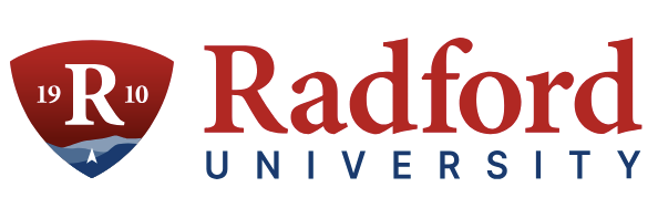 Radford University logo, text and a shield with a large R and 1910 inside it