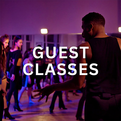 Guest teacher teaching Contemporary dance class in purple light in Steps dance studio - white text reading Guest Classes
