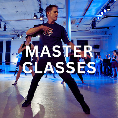 Master dance class in blue and white light in Steps dance studio - white text reading Master Classes