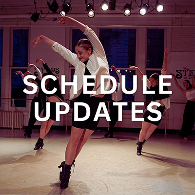Dance class in tones of pink in Steps dance studio - white text reading Schedule Updates