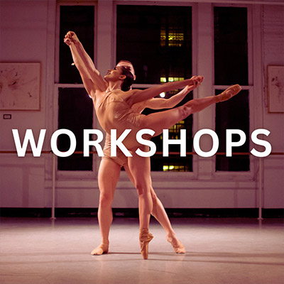Ballet duet in tones of pink in Steps dance studio - white text reading Workshops